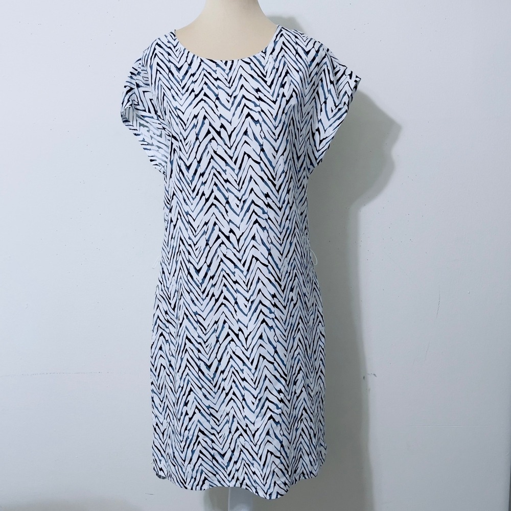 Melissa Nepton Shift Dress Small Blue White Chevron Abstract Pockets Office